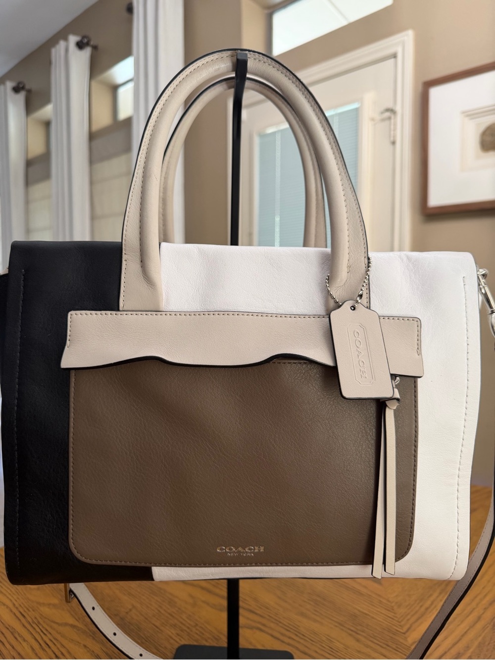 COACH Bleecker Riley Colorblock Leather Satchel in White, Black & Brown